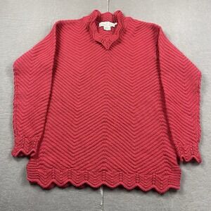 Celtic Isle Sweater Womens Large Merino Wool Red Notched Mock Neck Pullover Knit